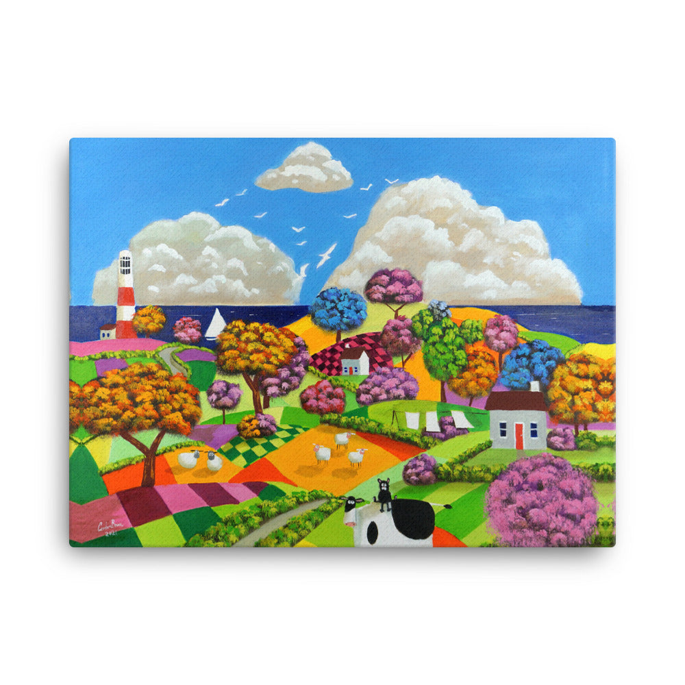 Folk art print, Cow, sheep and cat landscape Canvas print