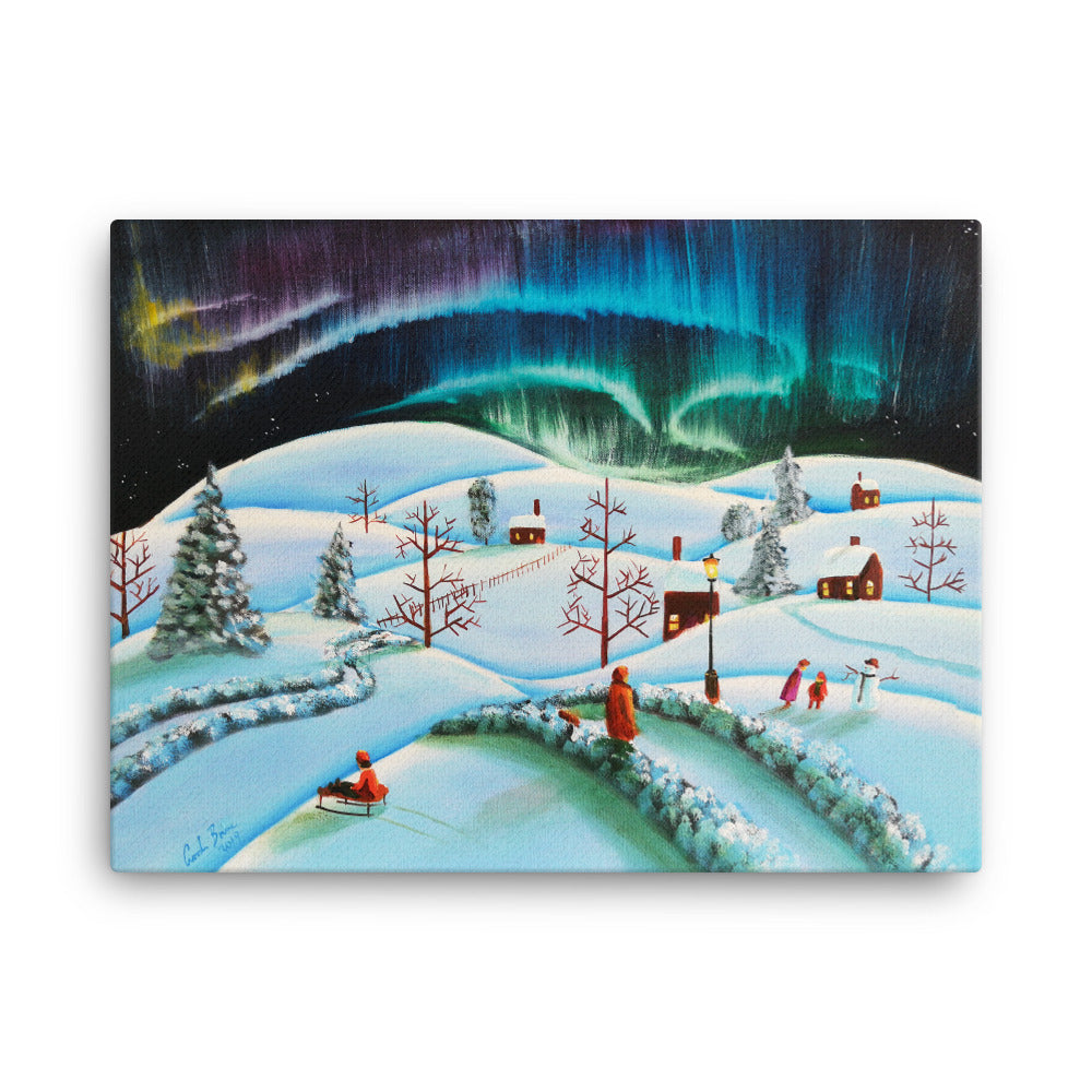 The Northern lights winter folk art landscape Canvas print