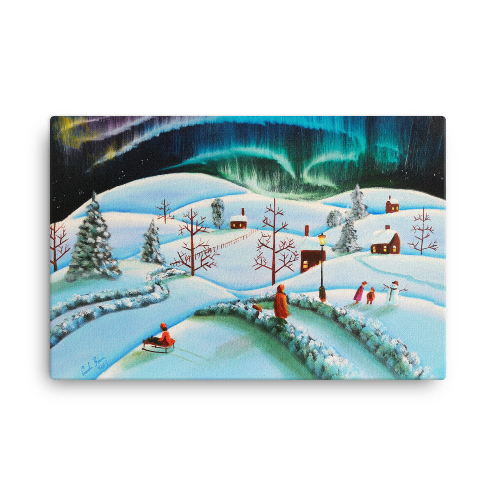 The Northern lights winter folk art landscape Canvas print