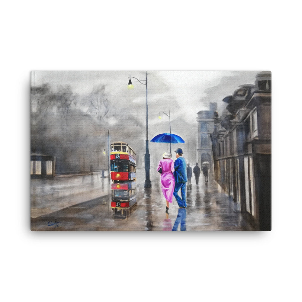 Couple in the rain with a red umbrella Canvas print