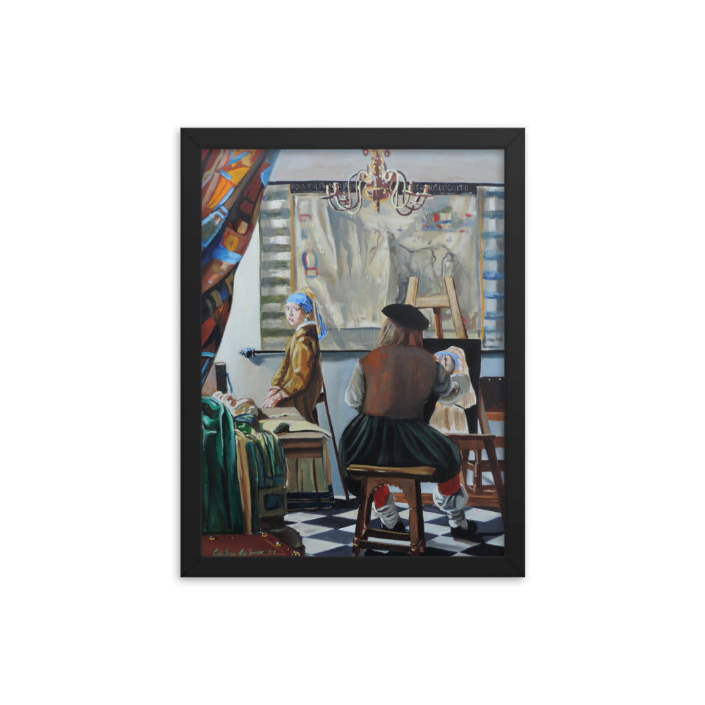 Vermeer paints The Girl with a Pearl Earring print taken from painting Framed poster