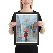 Load image into Gallery viewer, Red umbrella print, couple walking in the rain Framed poster
