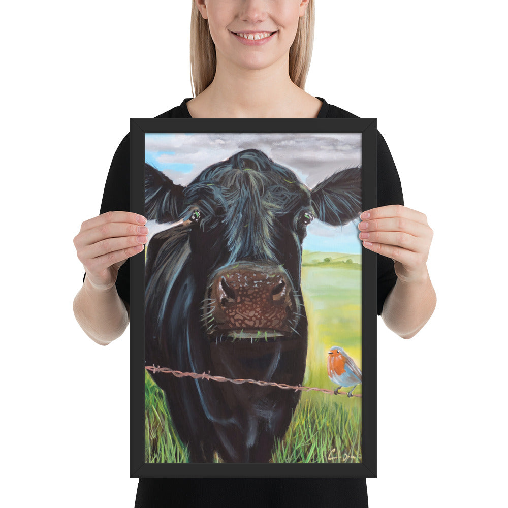 Cow and a robin Framed poster