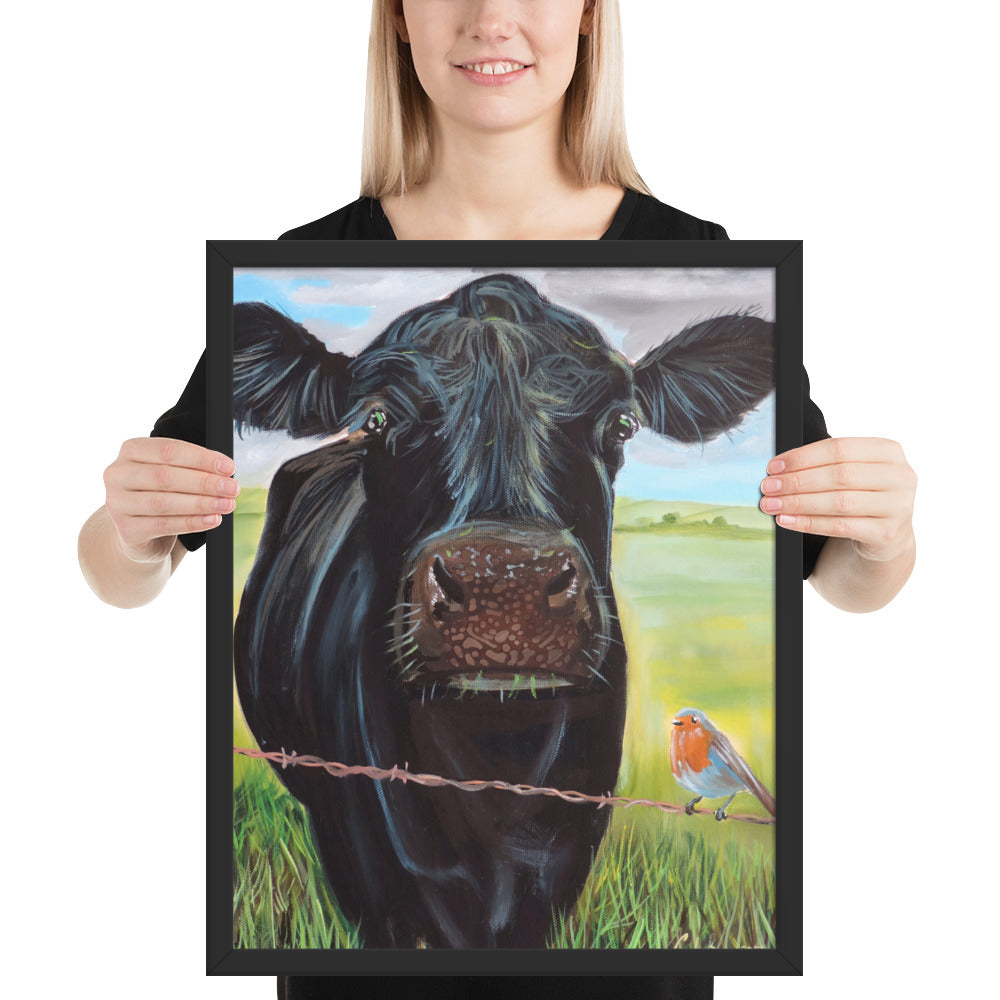 Cow and a robin Framed poster