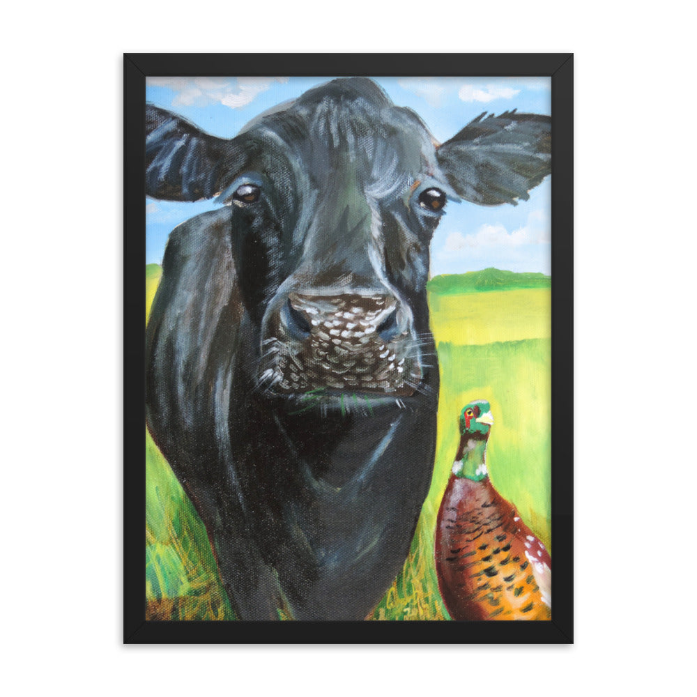Cow and a pheasant Framed poster