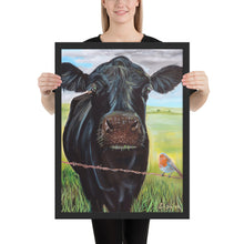 Load image into Gallery viewer, Cow and a robin Framed poster

