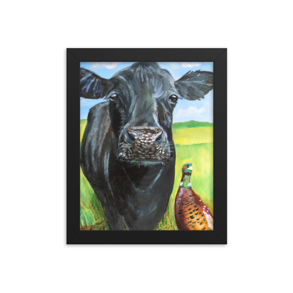 Cow and a pheasant Framed poster
