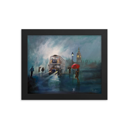 London painting rain red umbrella framed print