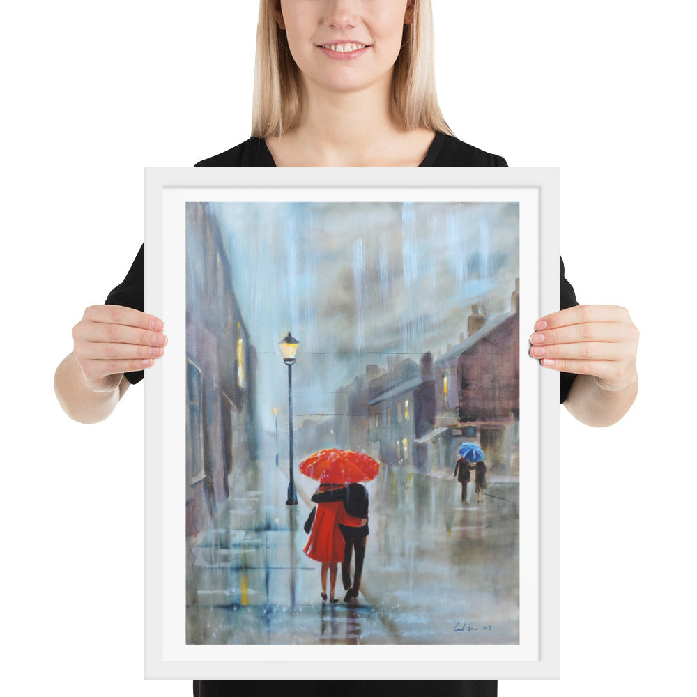Red umbrella print, couple walking in the rain Framed poster