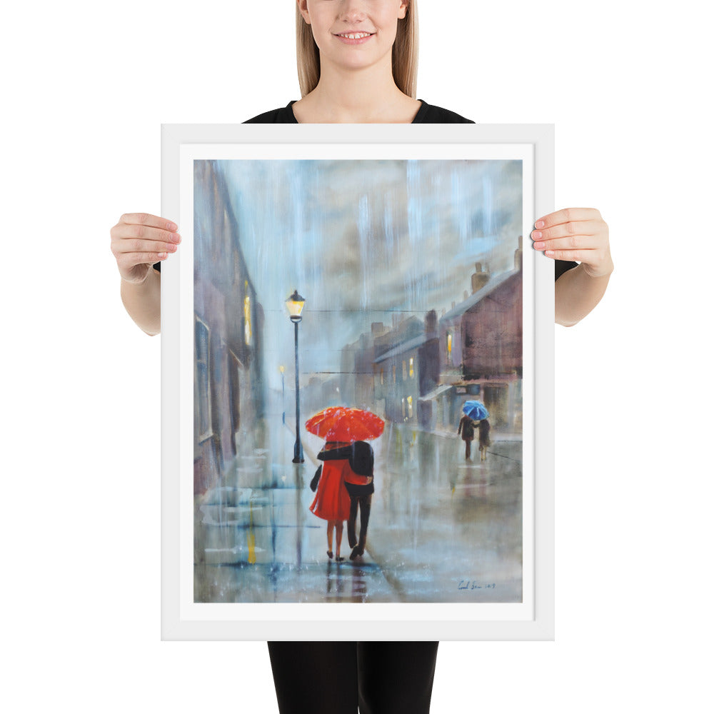 Red umbrella print, couple walking in the rain Framed poster