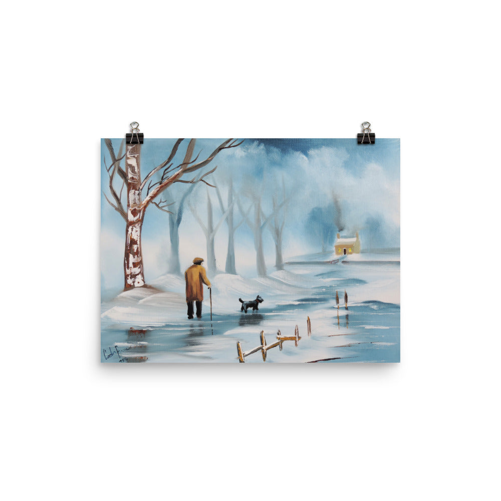Man and dog, winter landscape print from painting