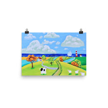 Load image into Gallery viewer, Colourful nursery art print, cow and sheep folk art
