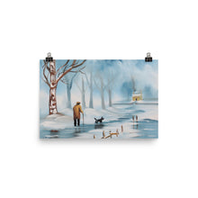 Load image into Gallery viewer, Man and dog, winter landscape print from painting
