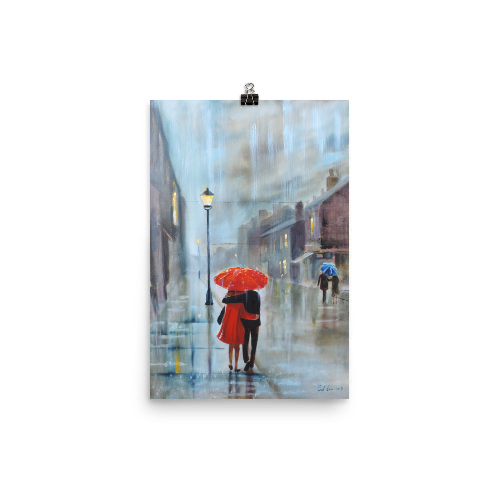 Red umbrella print, couple walking in the rain, Gordon Bruce art