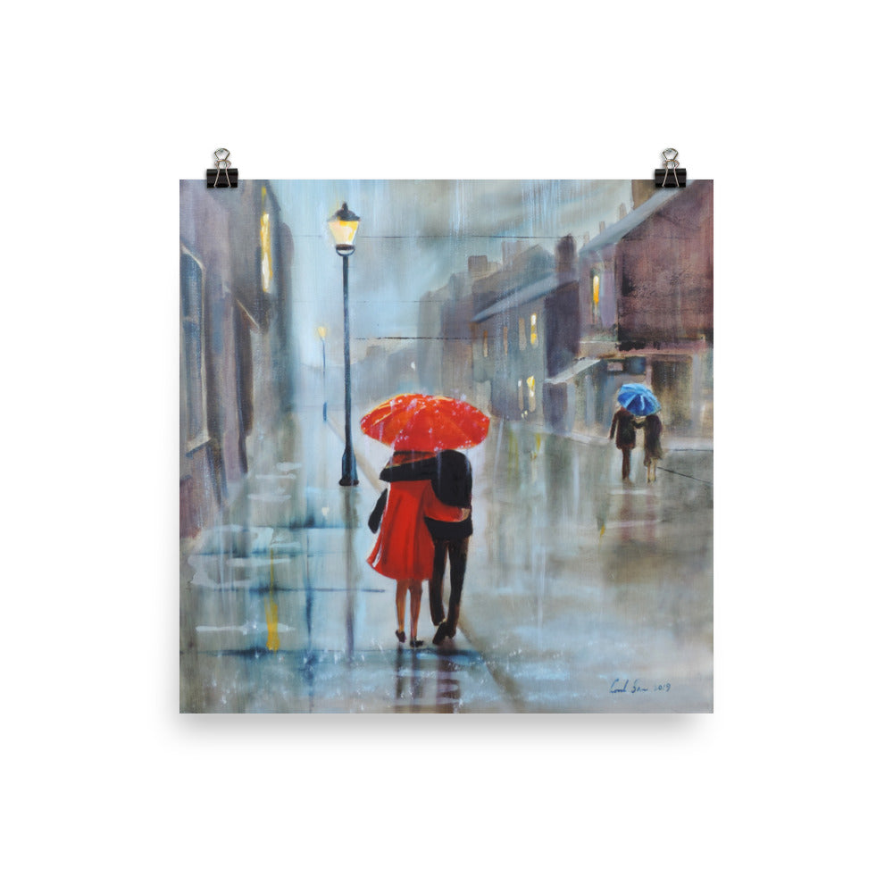 Red umbrella print, couple walking in the rain, Gordon Bruce art