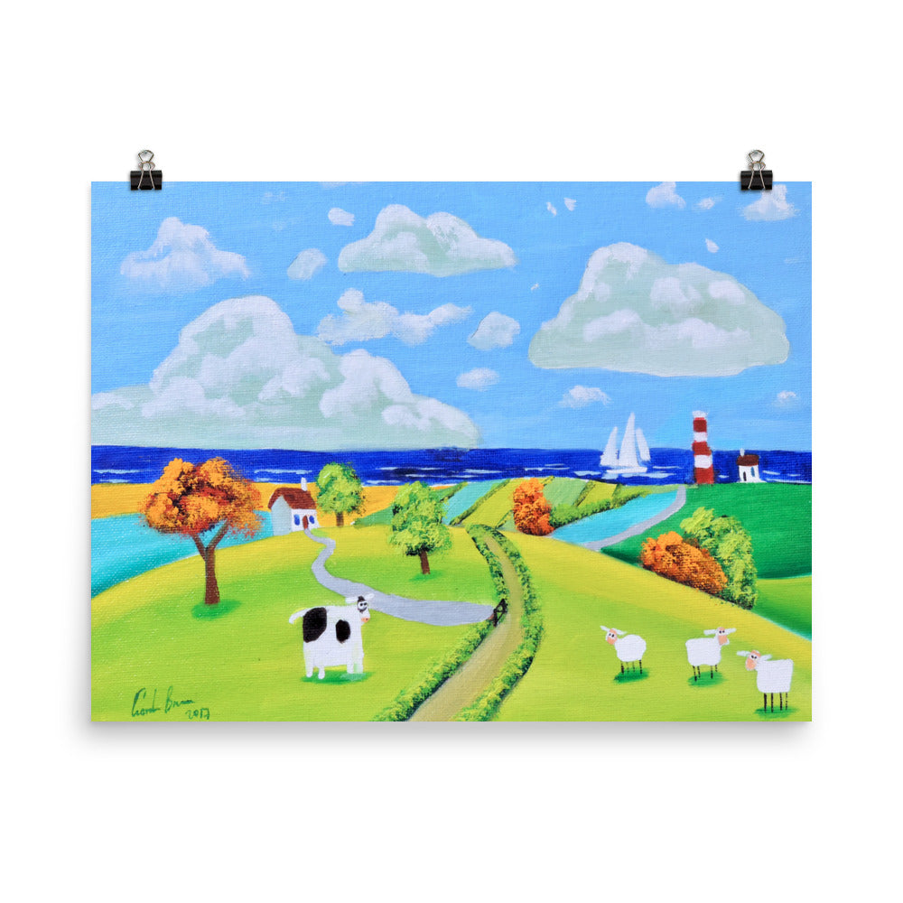 Colourful nursery art print, cow and sheep folk art