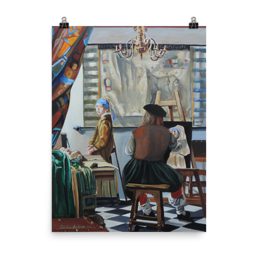 Vermeer paints The Girl with a Pearl Earring print taken from painting