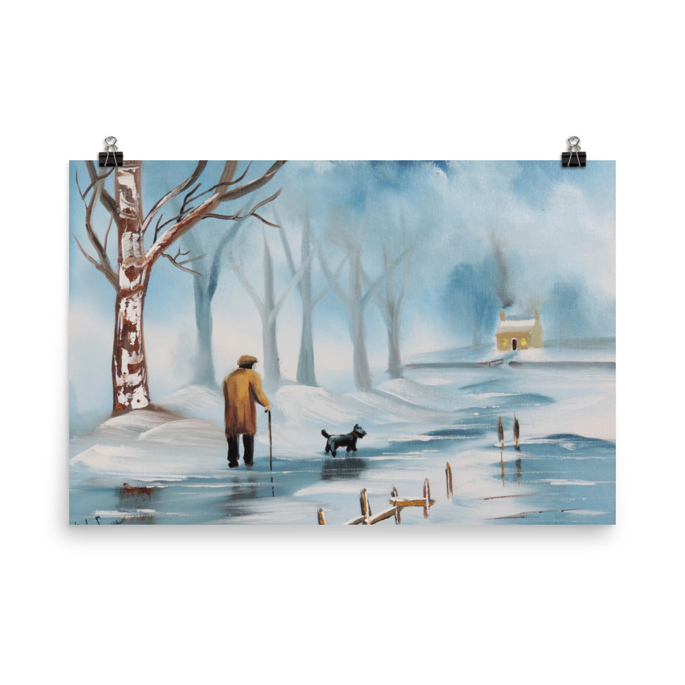 Man and dog, winter landscape print from painting