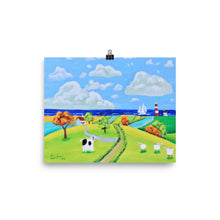 Load image into Gallery viewer, Colourful nursery art print, cow and sheep folk art
