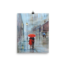 Load image into Gallery viewer, Red umbrella print, couple walking in the rain, Gordon Bruce art
