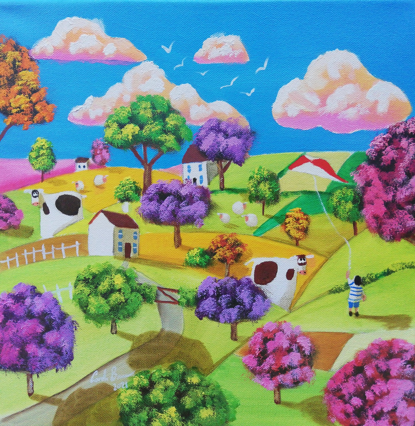 Flying a kite Naive art Canvas painting
