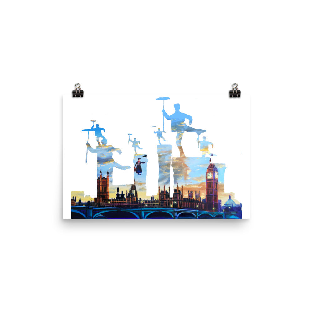 Mary Poppins print, London Chimney sweeps silhouette Poster