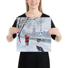 Load image into Gallery viewer, London print,  a couple with a red umbrella walk through the snow
