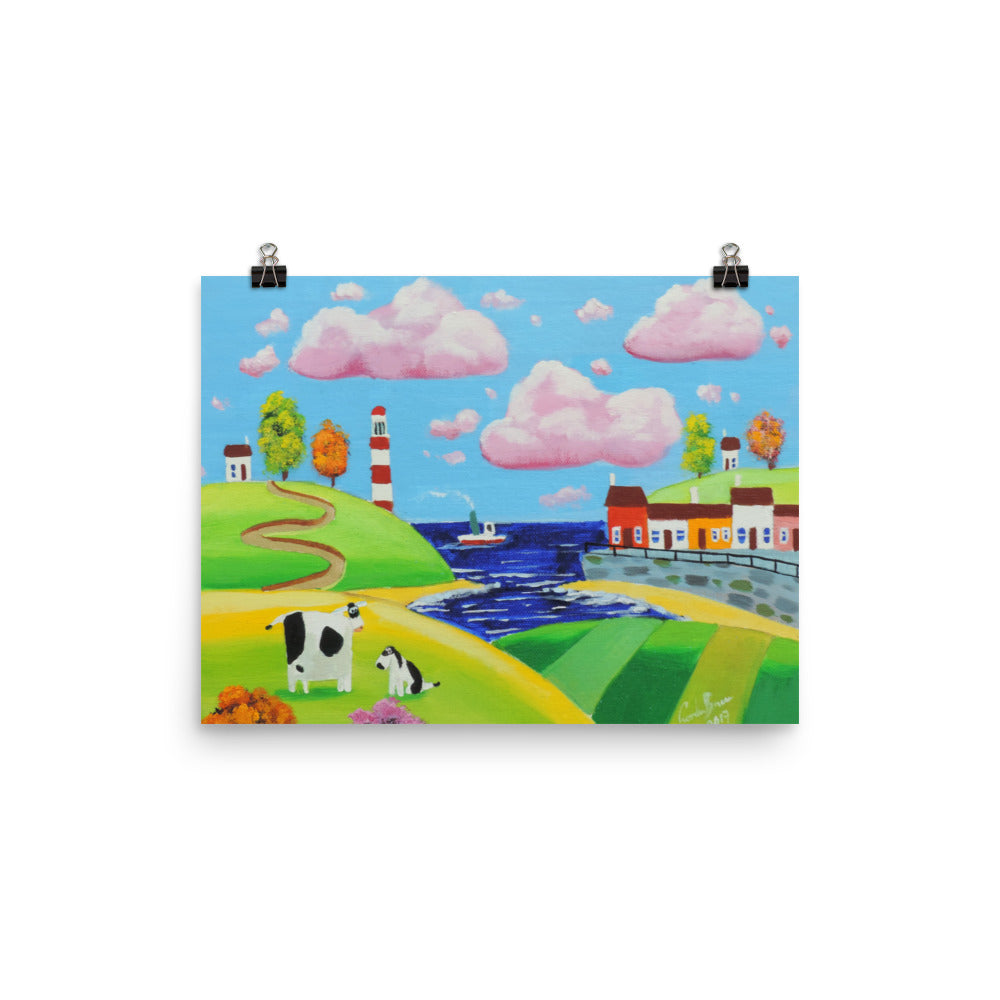Dog and cow, folk art seaside Poster