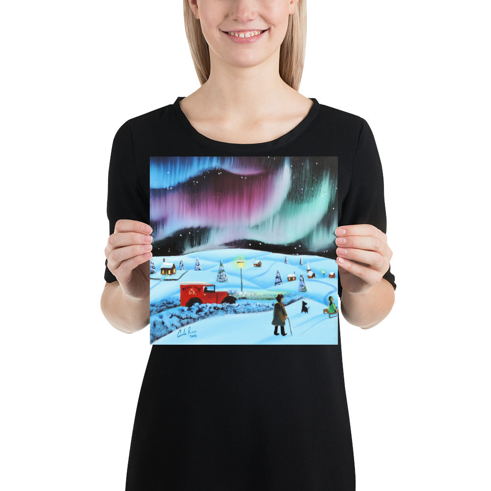The northern lights and a red Royal Mail van Poster