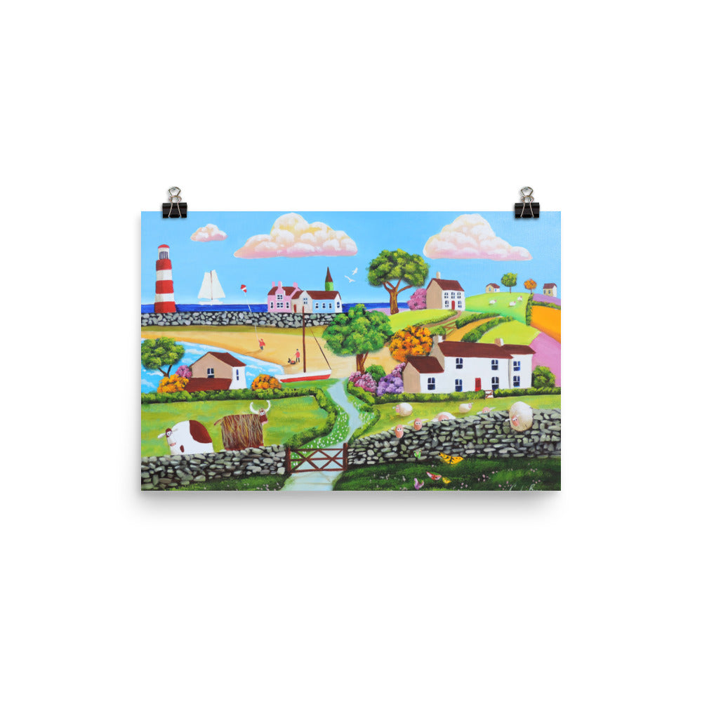 Folk art print, A Highland cow and sheep in a happy seaside landscape Poster