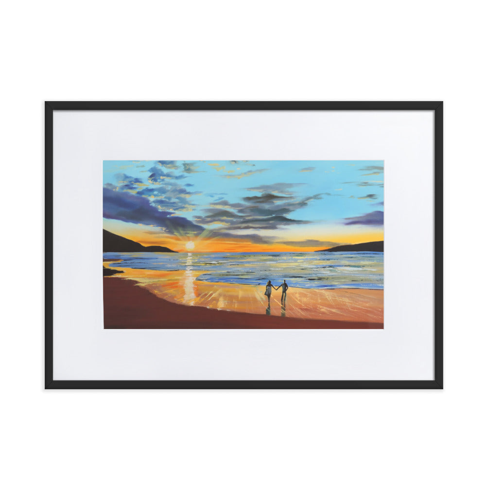 Romantic beach sunset print,  Framed print With Mat