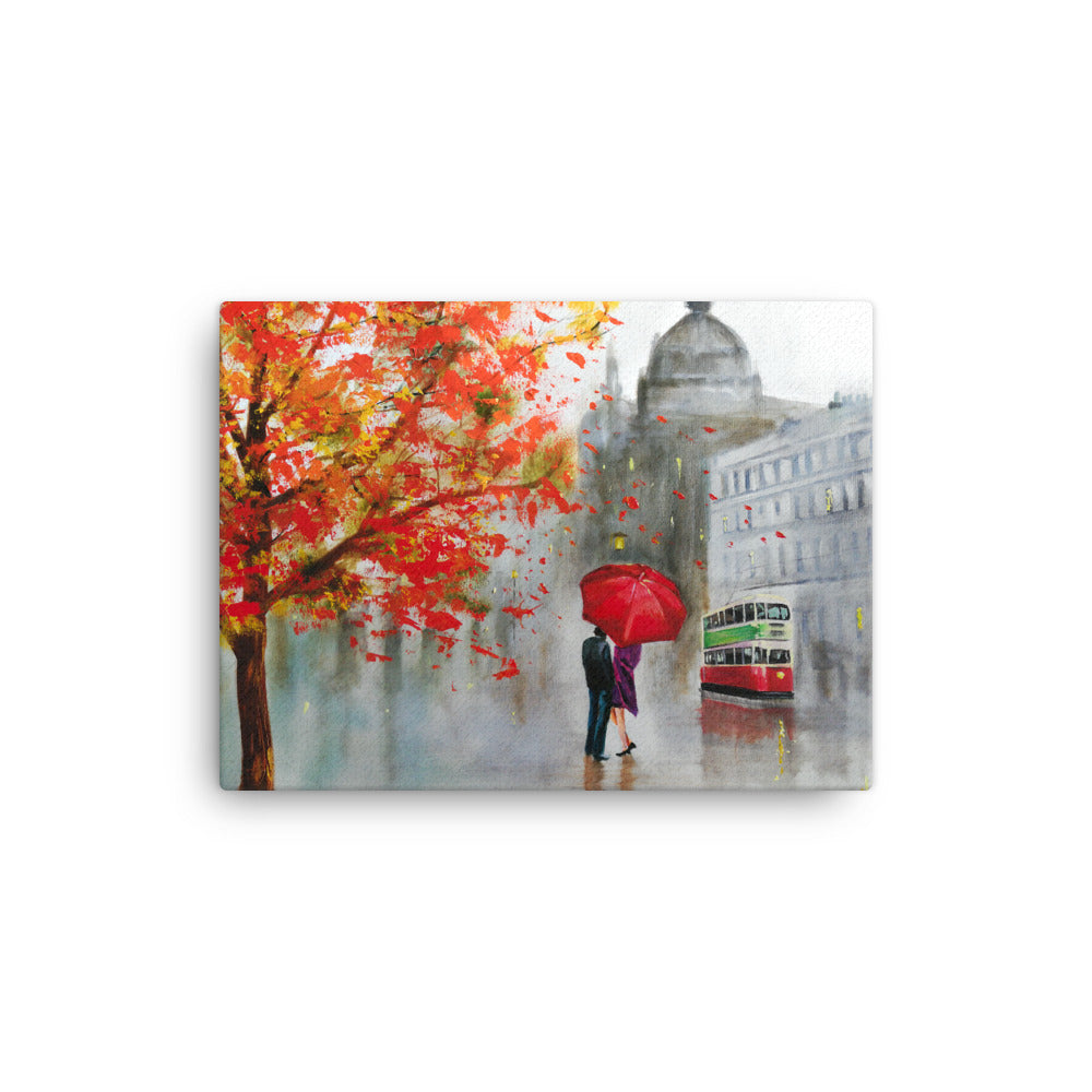 Rainy couple with a red umbrella print on Canvas