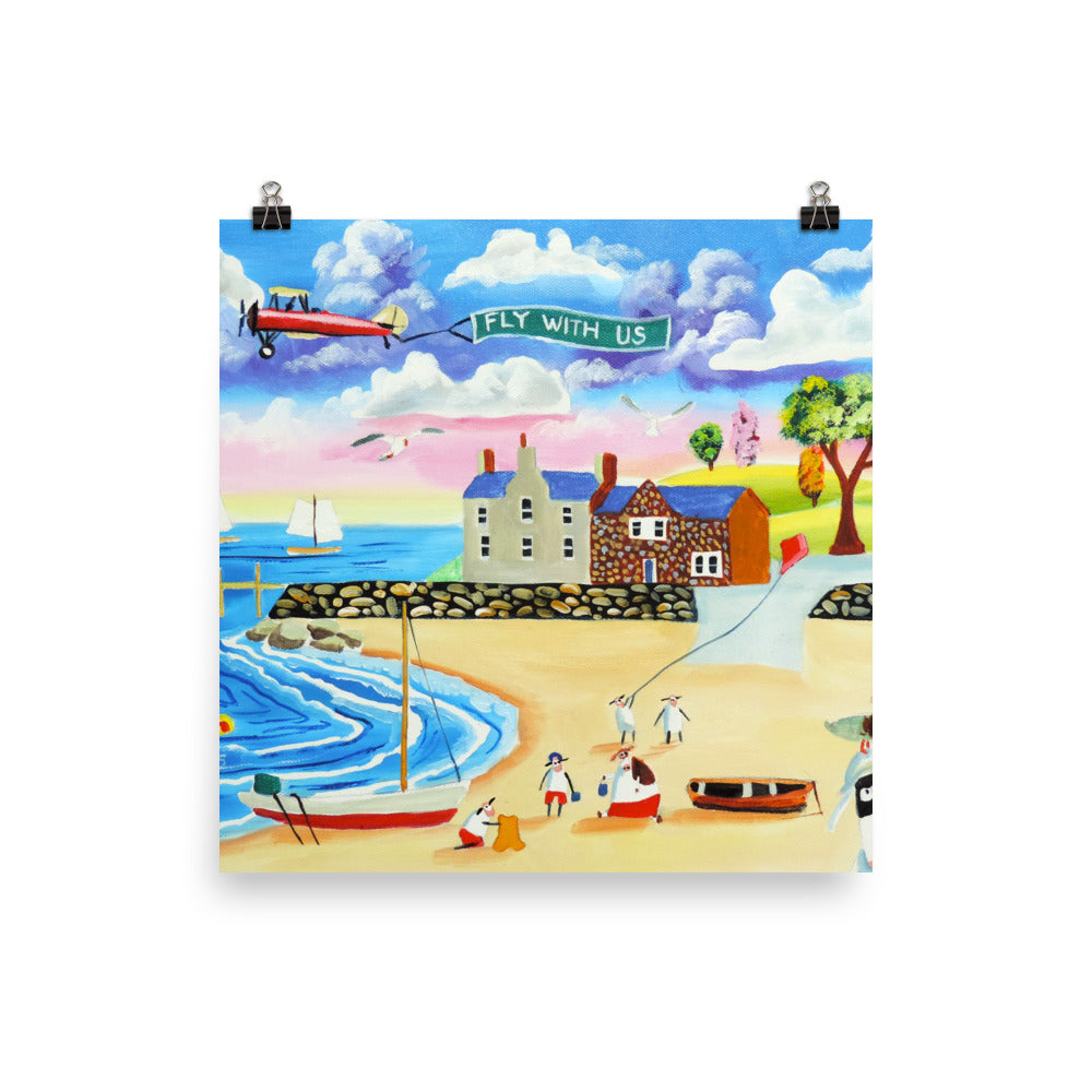 Colourful folk art print, animals at the seaside Poster