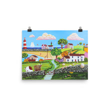 Load image into Gallery viewer, Folk art print, A Highland cow and sheep in a happy seaside landscape Poster
