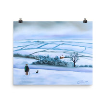 Load image into Gallery viewer, Our view of the house print, man and his dog in winter
