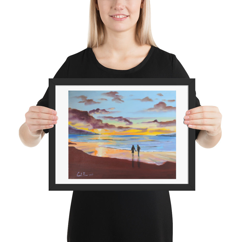 Couple at the beach, sunset Framed print