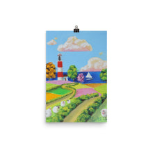 Load image into Gallery viewer, Folk art print, sheep and a lighthouse poster
