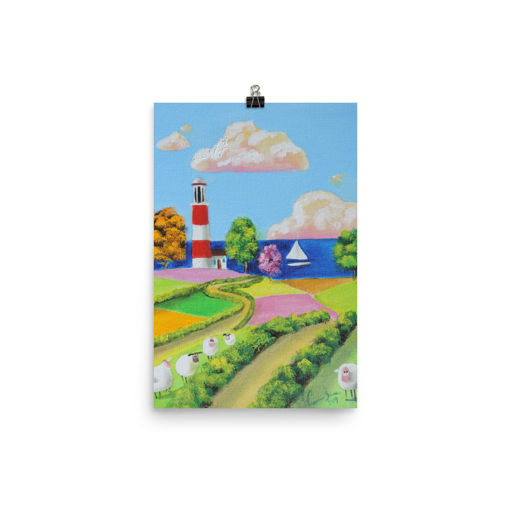 Folk art print, sheep and a lighthouse poster