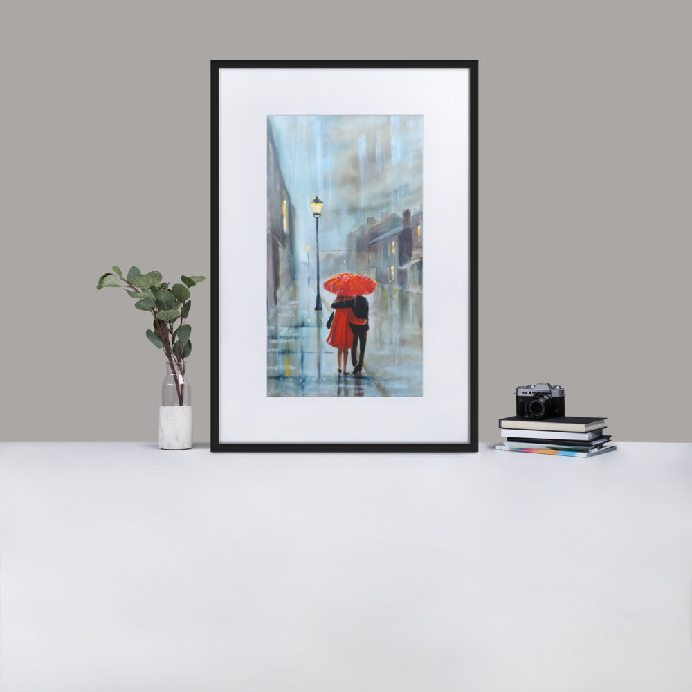 Red umbrella rainy print, framed poster from my original oil painting