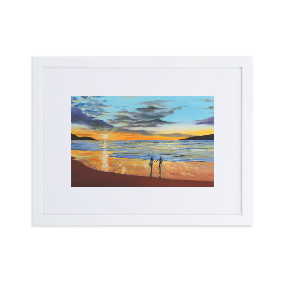 Romantic beach sunset print,  Framed print With Mat