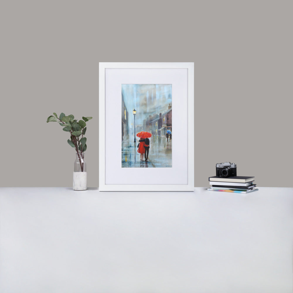 Red umbrella rainy print, framed poster from my original oil painting
