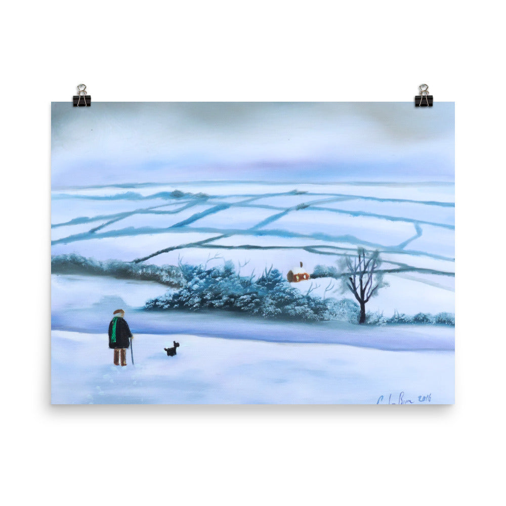 Our view of the house print, man and his dog in winter
