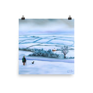 Our view of the house print, man and his dog in winter