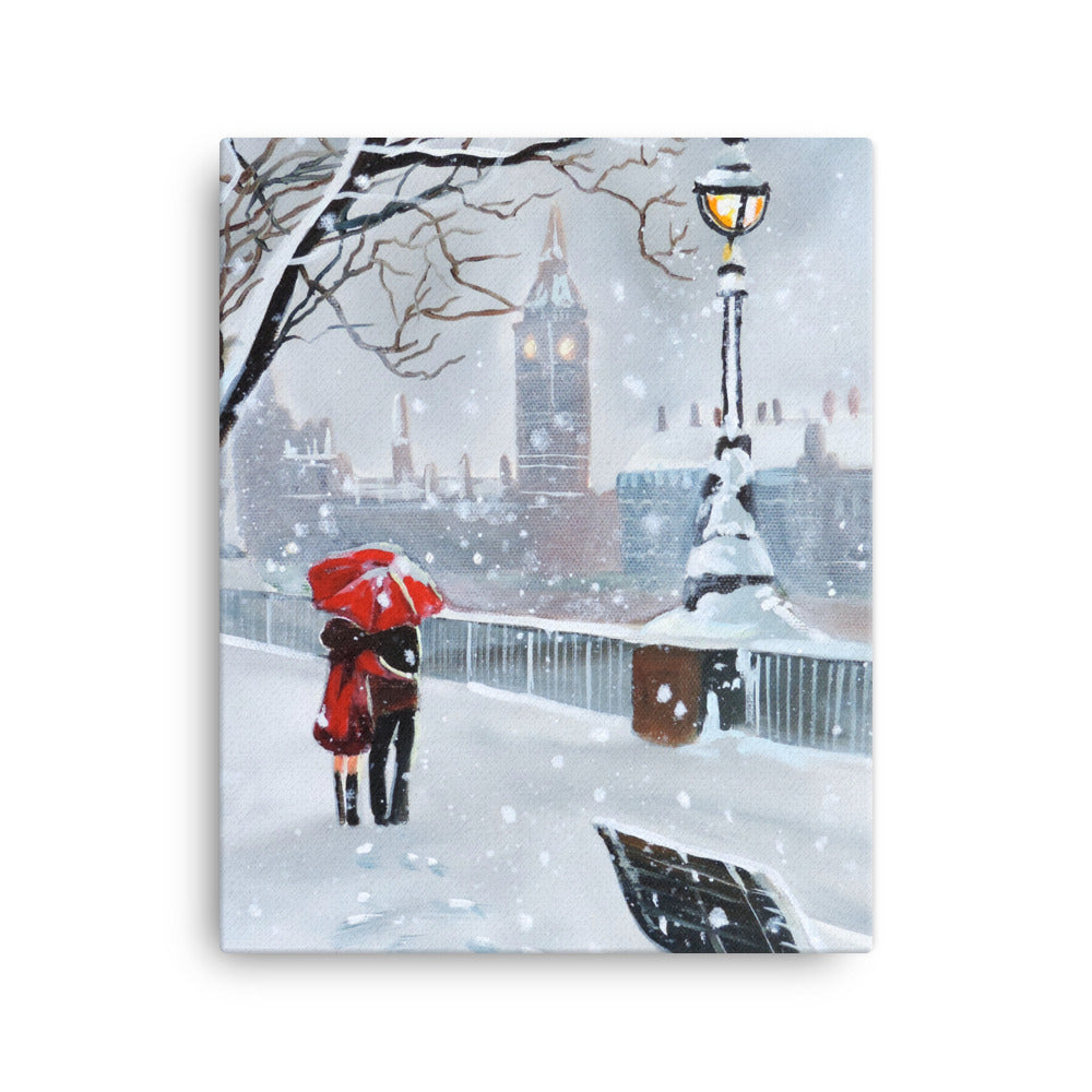 London Canvas print from an original painting, couple with a red umbrella