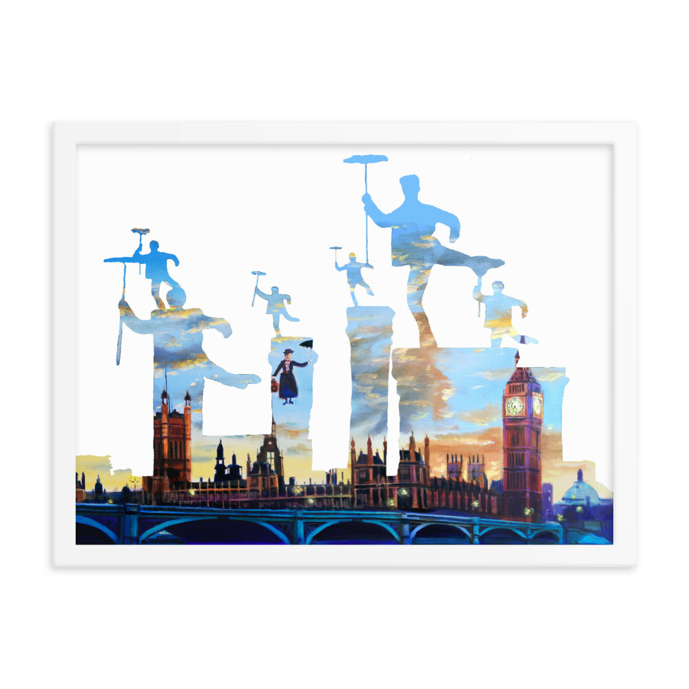 Mary Poppins print, London Chimney sweeps silhouette Framed poster