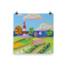 Load image into Gallery viewer, Folk art print, sheep and a lighthouse poster

