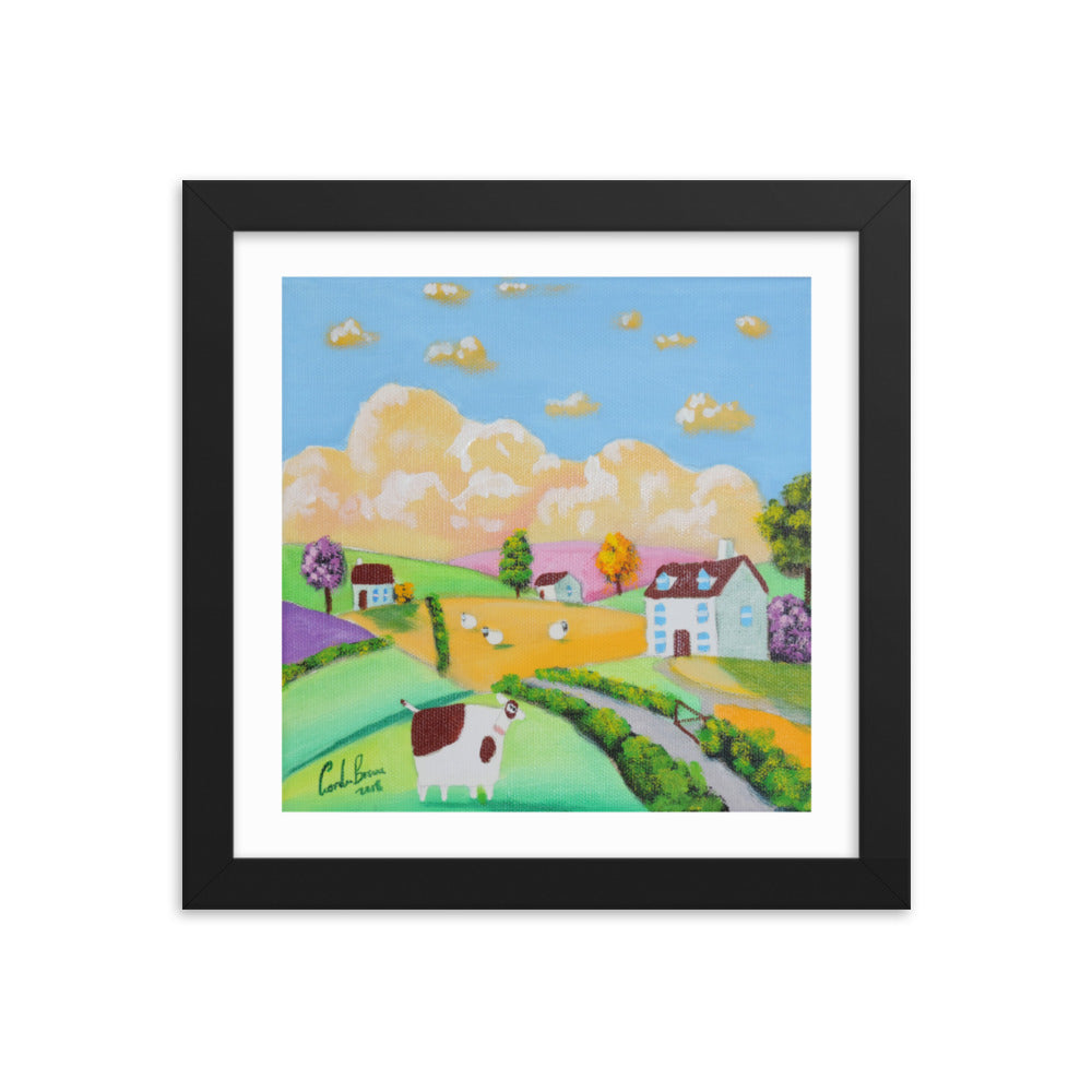 Folk art cow and sheep Framed photo paper poster