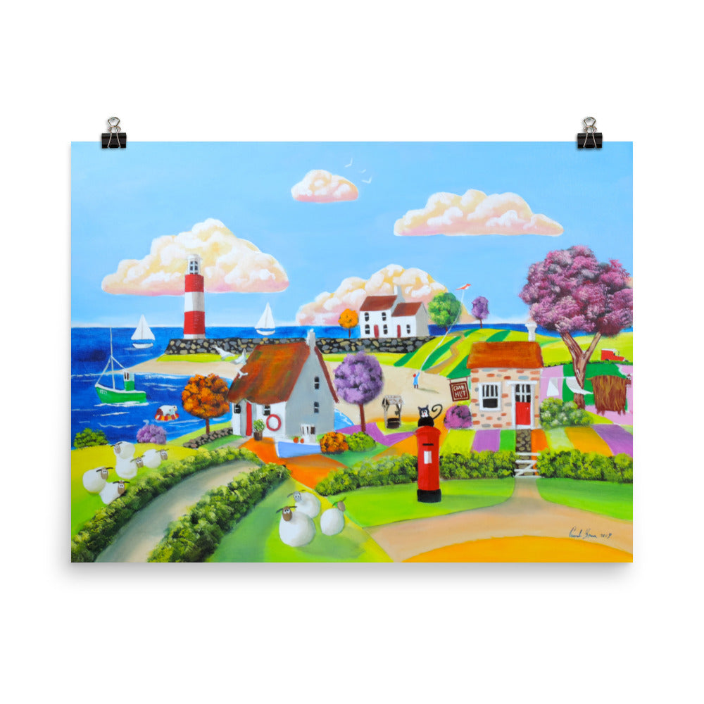 Folk art print, seaside cow and sheep painting Poster
