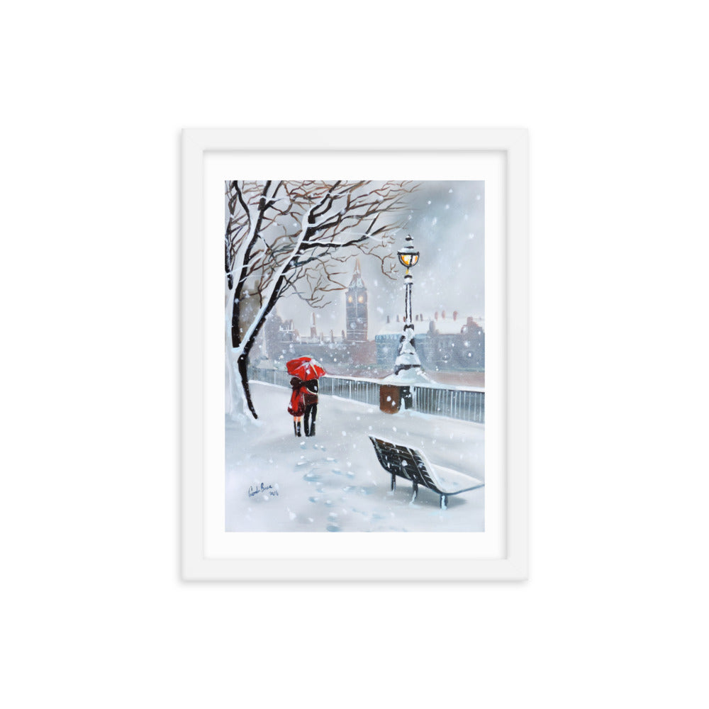 London framed print, a couple with a red umbrella in winter