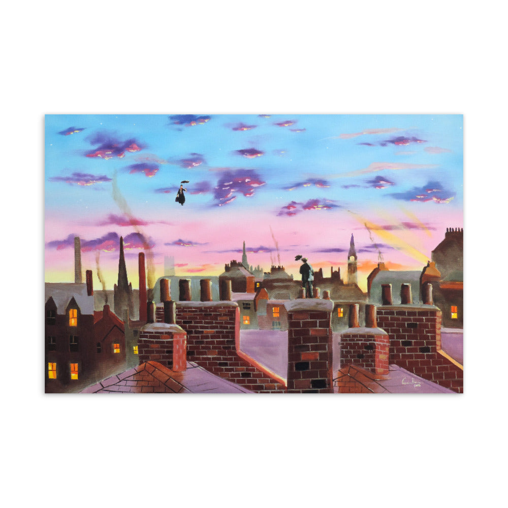 Mary Poppins flying above rooftops Standard Postcard